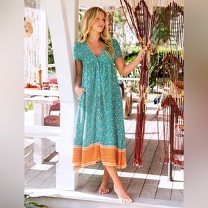 Natural Life Avery Midi Dress Turquoise Floral Border Green Blue Orange L XL
